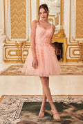 Peach, Baby Blue | Tiered Tulle Mini Dress with Lace Bodice & Spaghetti Straps  CD9310